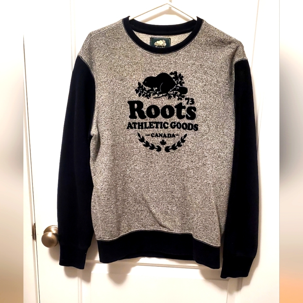 2/$95 Roots crew neck-Heathered iconic salt and pepper, black logo, Ragalan  slv